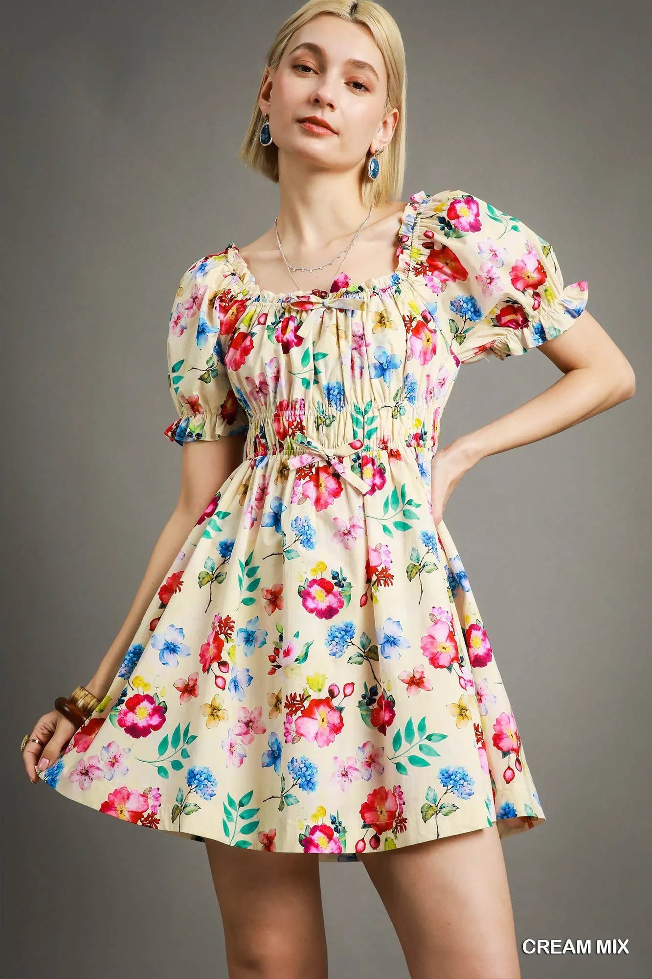 Umgee Floral Print Puff Sleeve Mini Dress Cream
