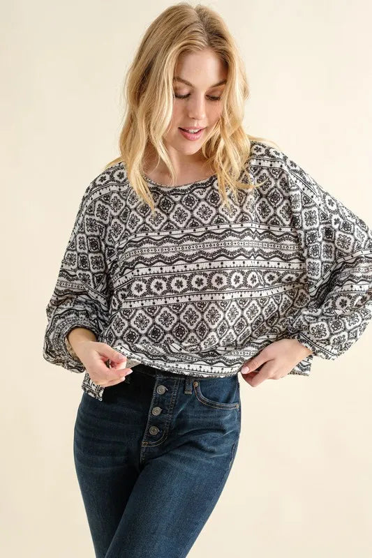 And The Why Cozy Textured Printed Casual Top BLACK WHITE