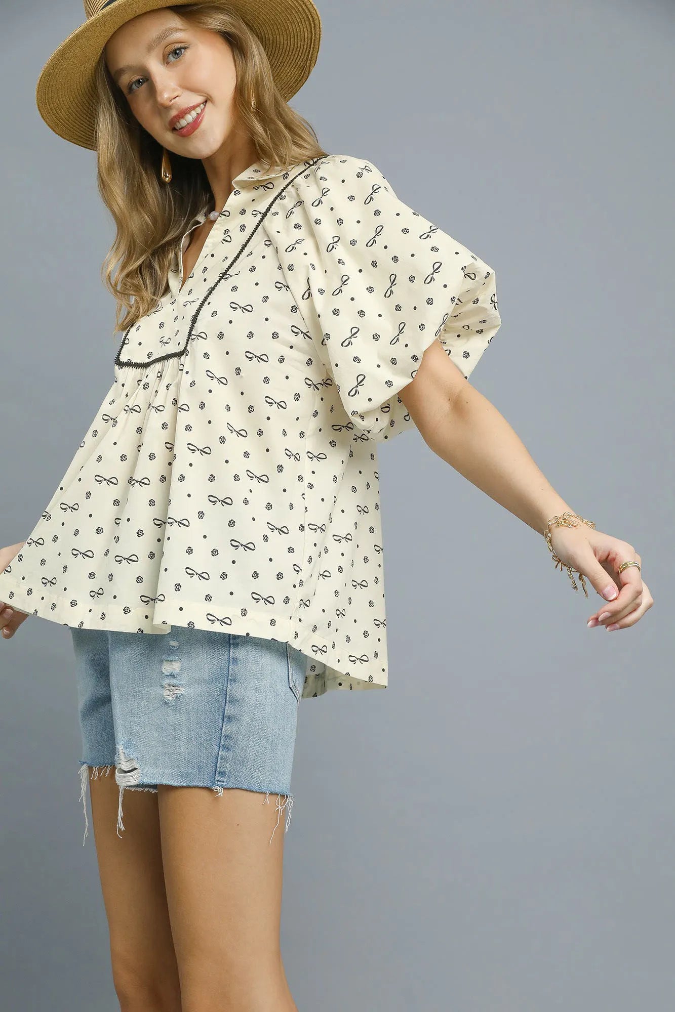 Umgee Bow Print Puff Sleeve Blouse
