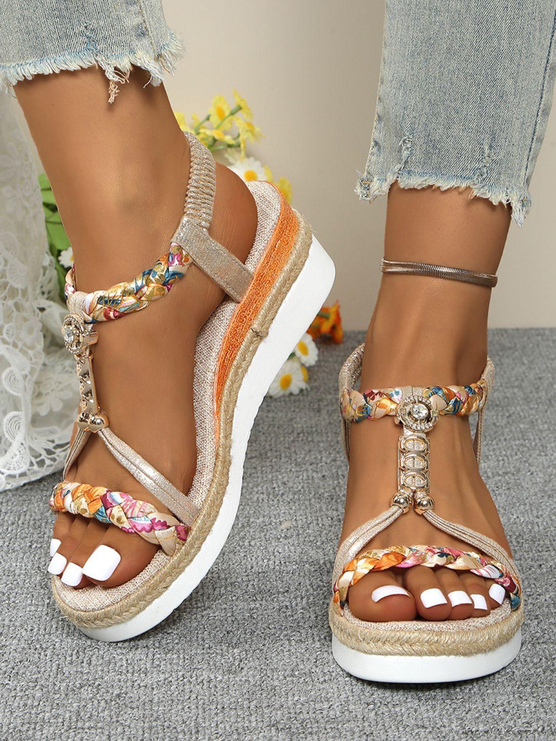 Contrast Woven Wedge Sandals Gold