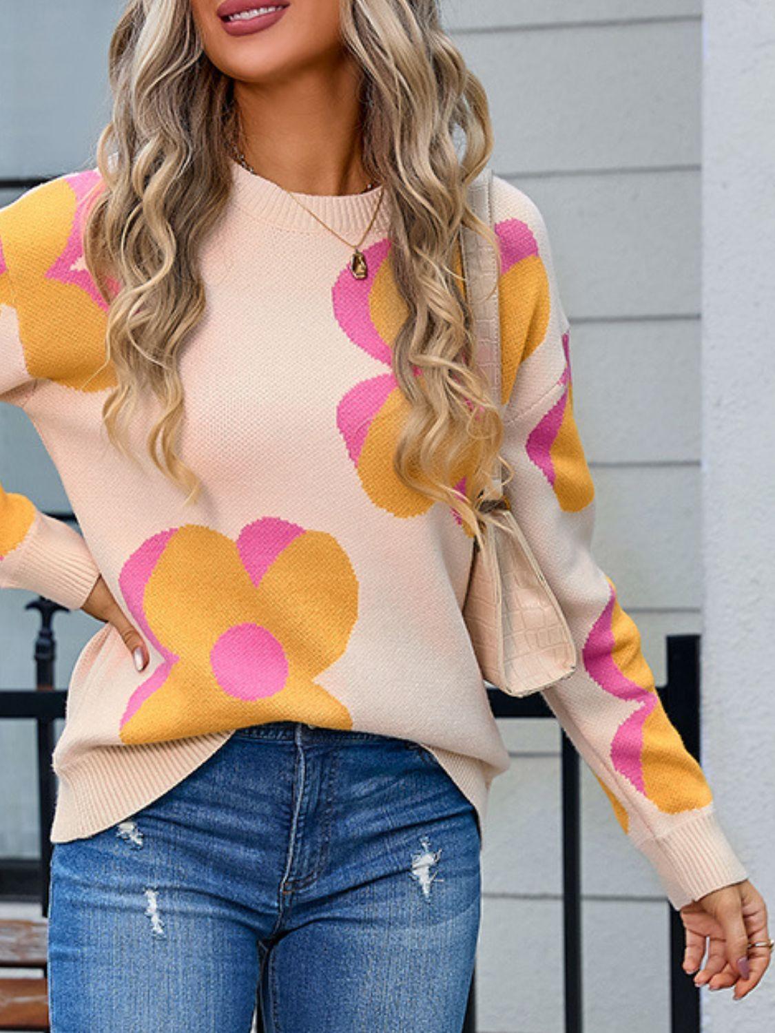 Angel Wings Flower Round Neck Long Sleeve Sweater Apricot