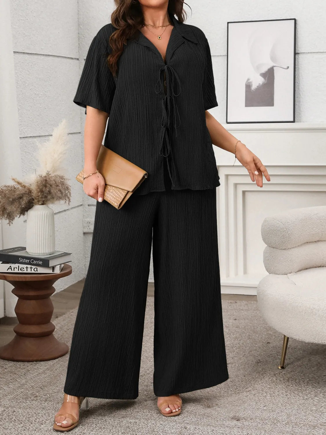 Plus Size Tie Front Short Sleeve Top and Pants Set Black