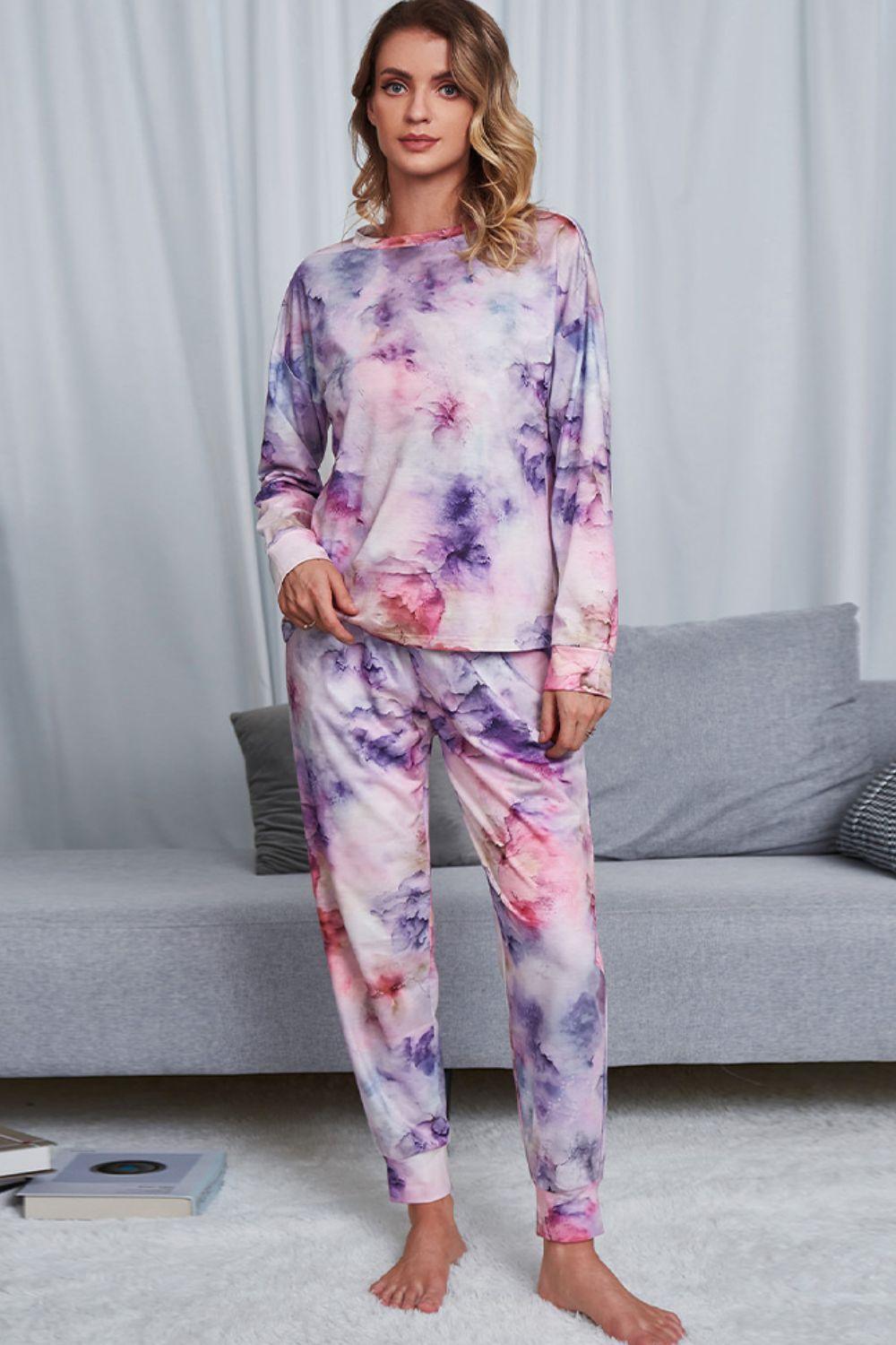 Shiny Tie-Dye Crewneck Top and Drawstring Waist Joggers Lounge Set Pink Purple