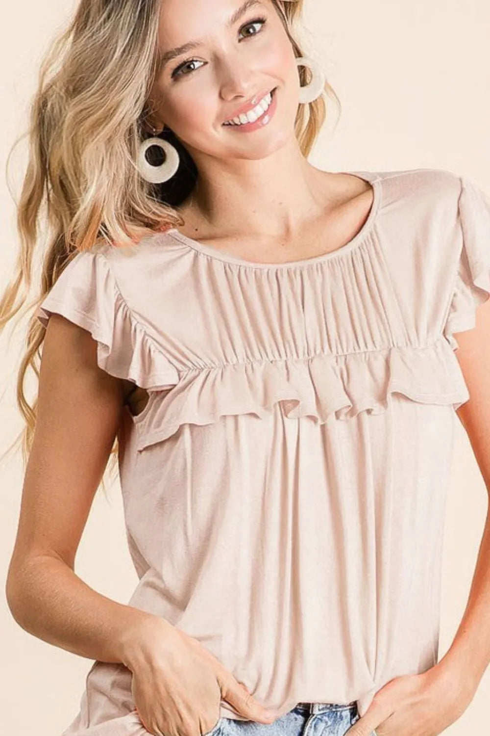 BiBi Jersey Knit Gathered Top with Ruffles GUCCI OATMEAL