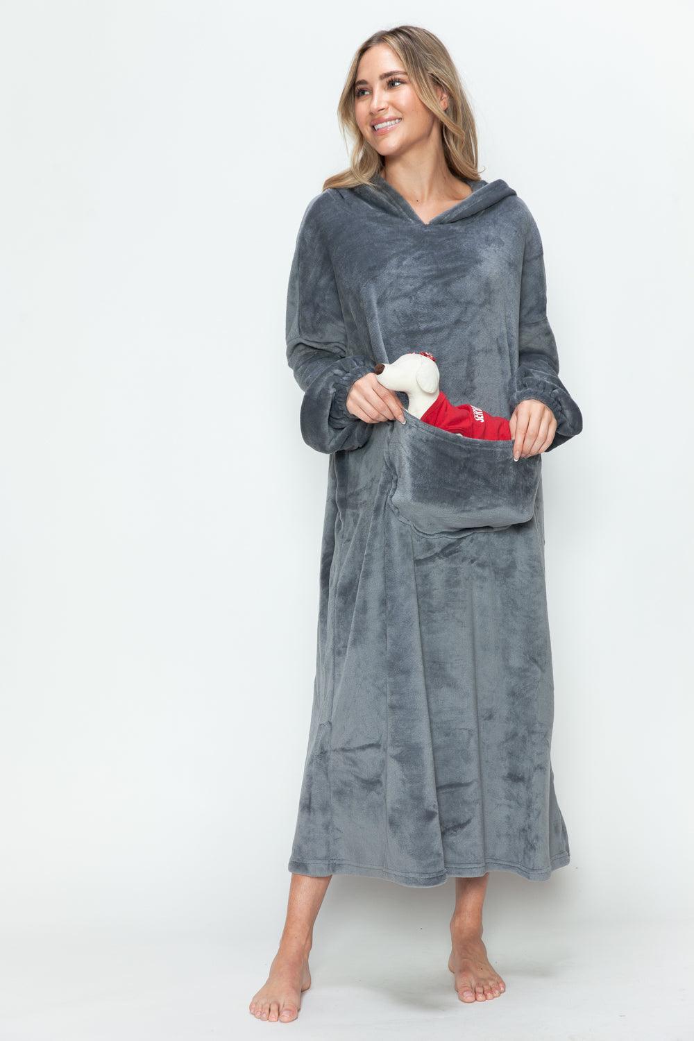 Double Take Full Size Pocketed Hooded Midi Lounge Dress Dark Gray