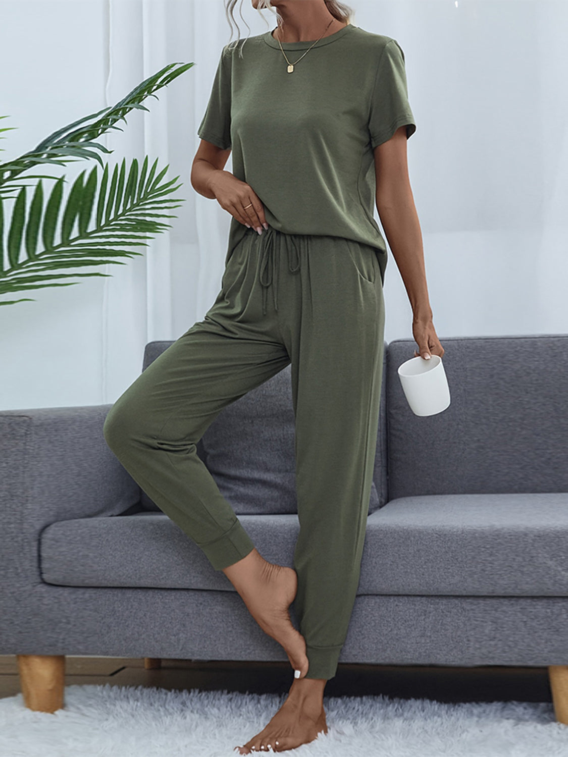 Shiny Round Neck Short Sleeve Top and Pants Set Moss