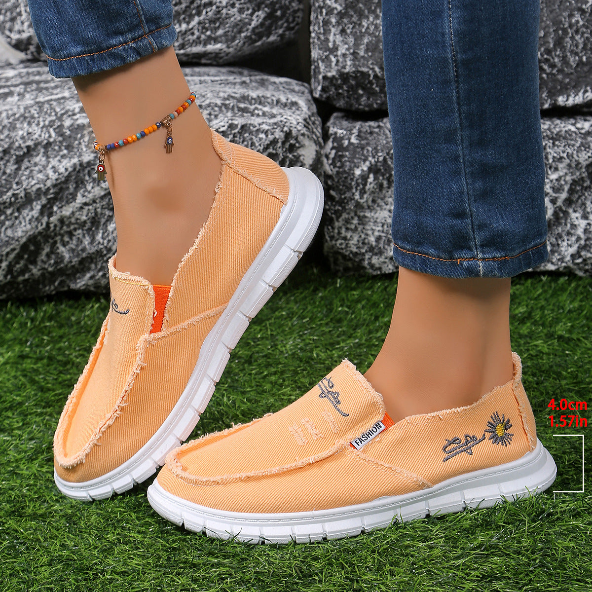 Raw Edge Round Toe Embroidery Flat Slip-Ons Sherbet
