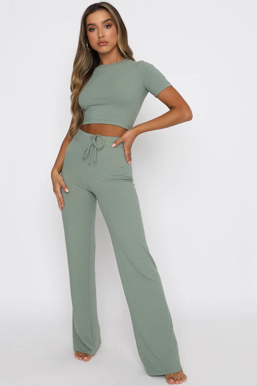 Round Neck Short Sleeve Top and Pants Set Sage