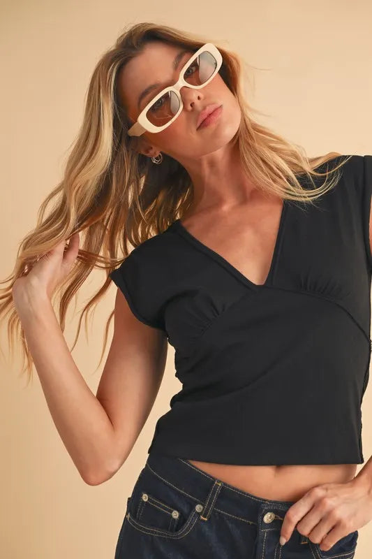 Aemi+Co V-Neck Cap Sleeve Cropped Top