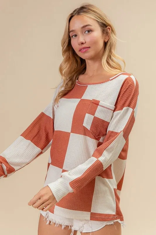 BiBi Checker Printed Hacci Top With Front Pocket