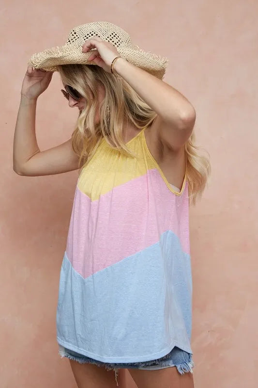 BiBi Triblend Knit Color Block Halter Neck Top