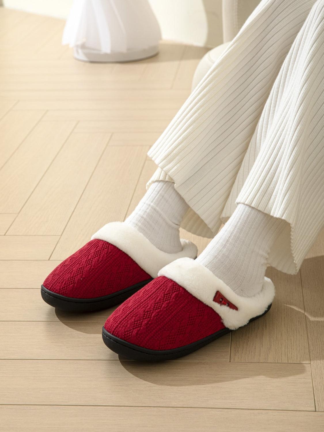 Horn Buckle Furry Texture Flat Slippers Deep Red