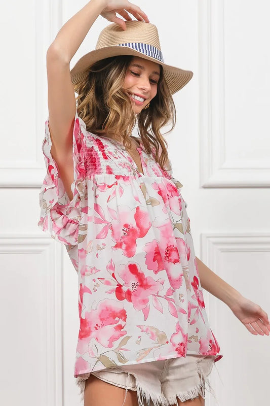 BiBi Floral Print Flutter Sheer Top