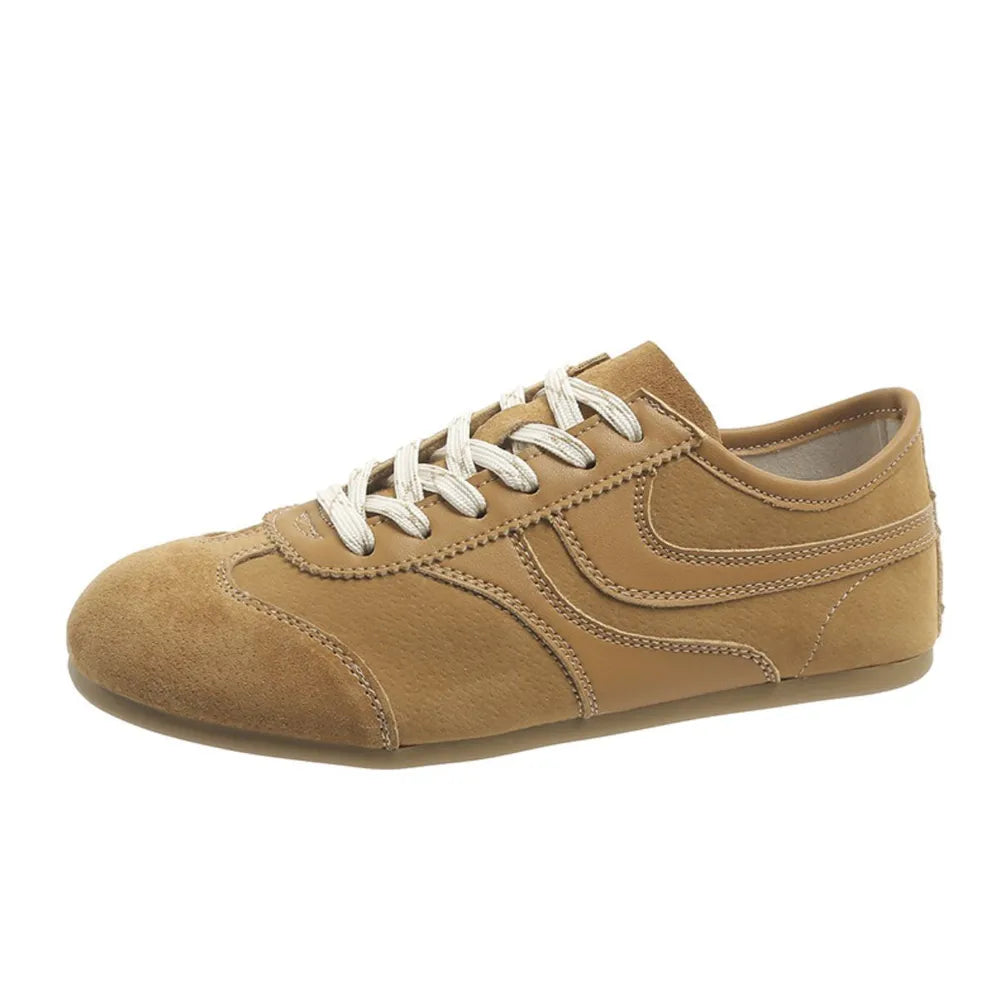 Round Toe Lace Up Flat Sneakers Camel