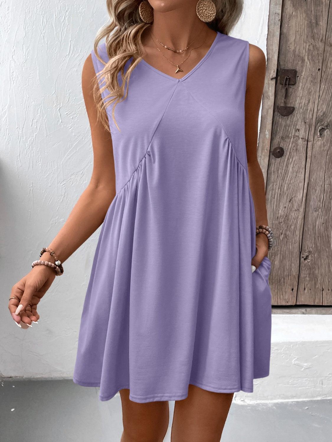 Ivy Lane Ruched V-Neck Sleeveless Mini Dress Lavender