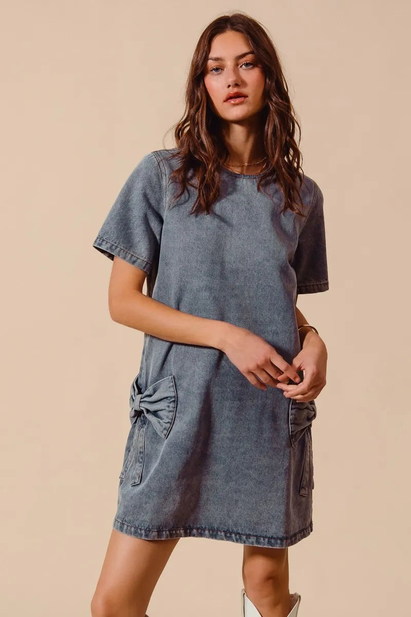 SO ME Bow Ribbon Knot Applique Denim Mini Dress
