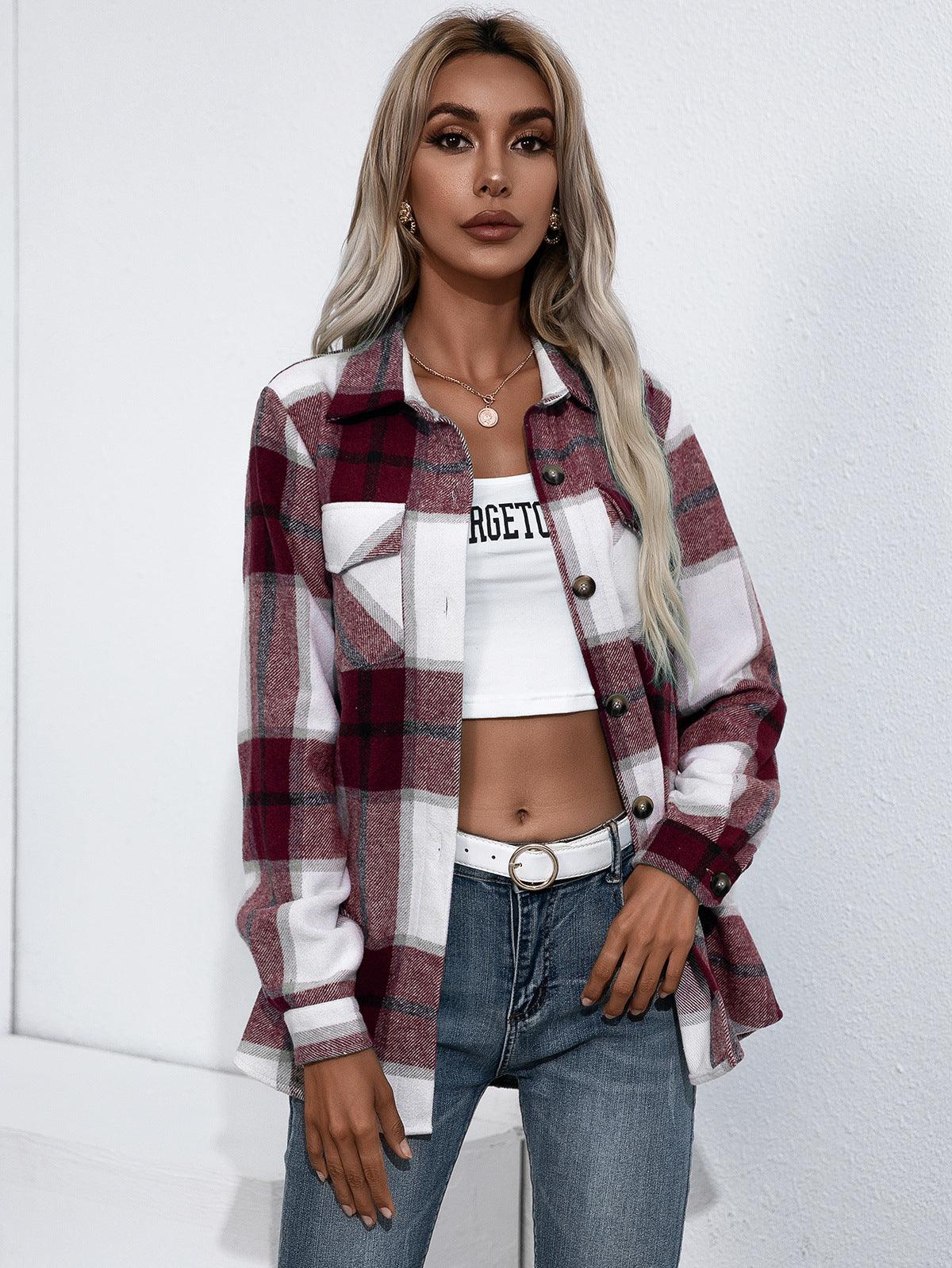 Ivy Lane Plaid Button Up Flannel Shirt Burgundy
