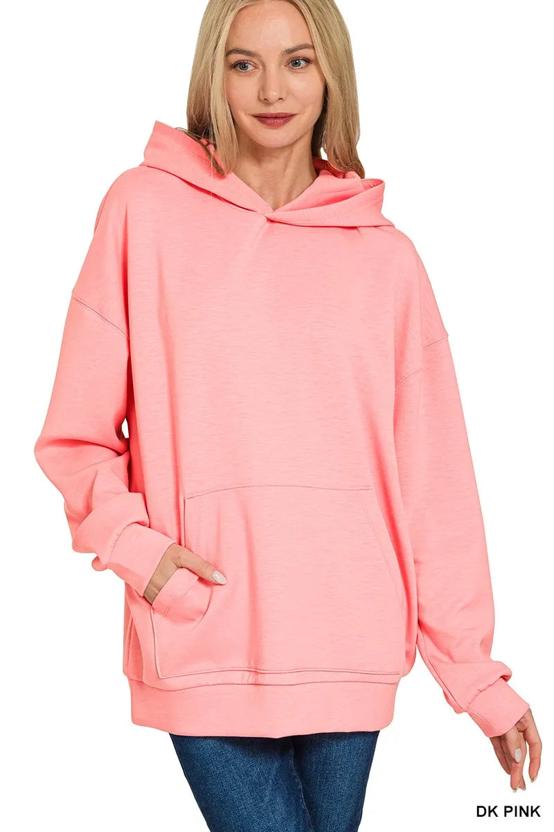 Zenana Oversized Scuba Hoodie with Kangaroo Pocket DK PINK