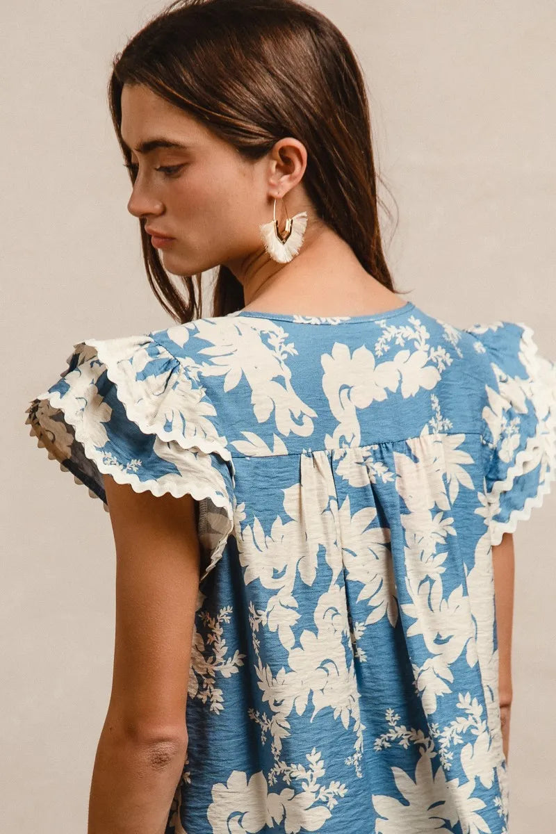 BiBi Floral Prints Wave Trim Smocking Details Short Sleeve Blouse