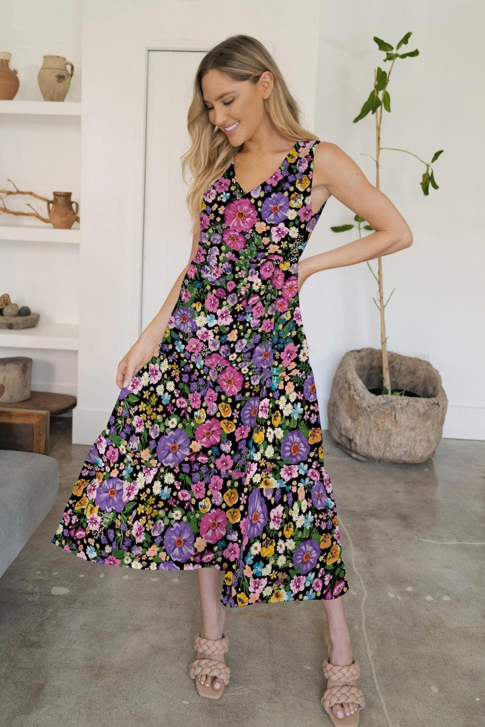 FAM-FAM Tiered Printed V-Neck Sleeveless Dress Floral