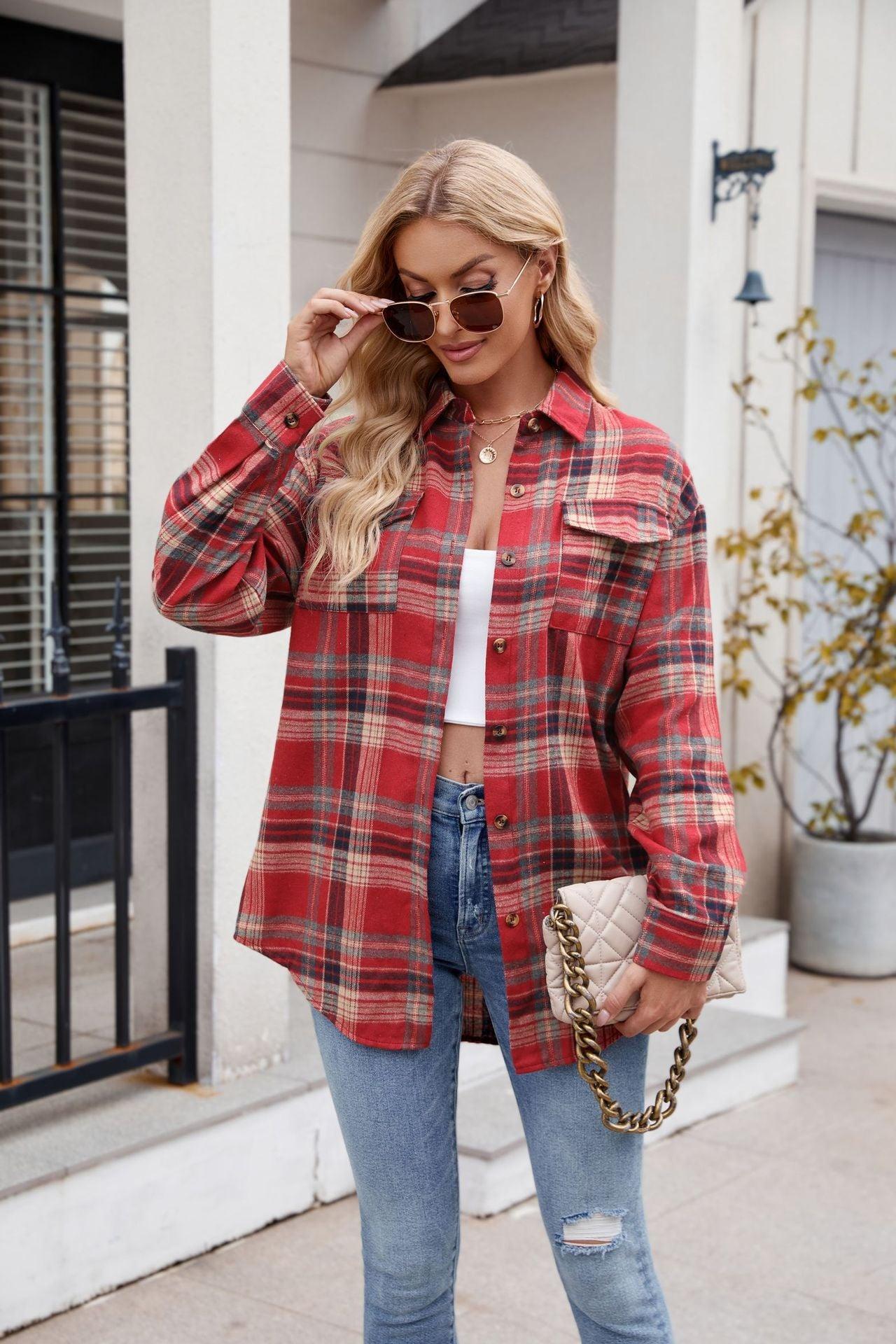 Mandy Plaid Button Up Long Sleeve Shirt Scarlet