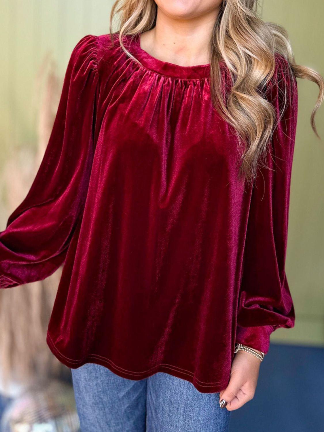 Ruched Round Neck Long Sleeve Blouse Burgundy