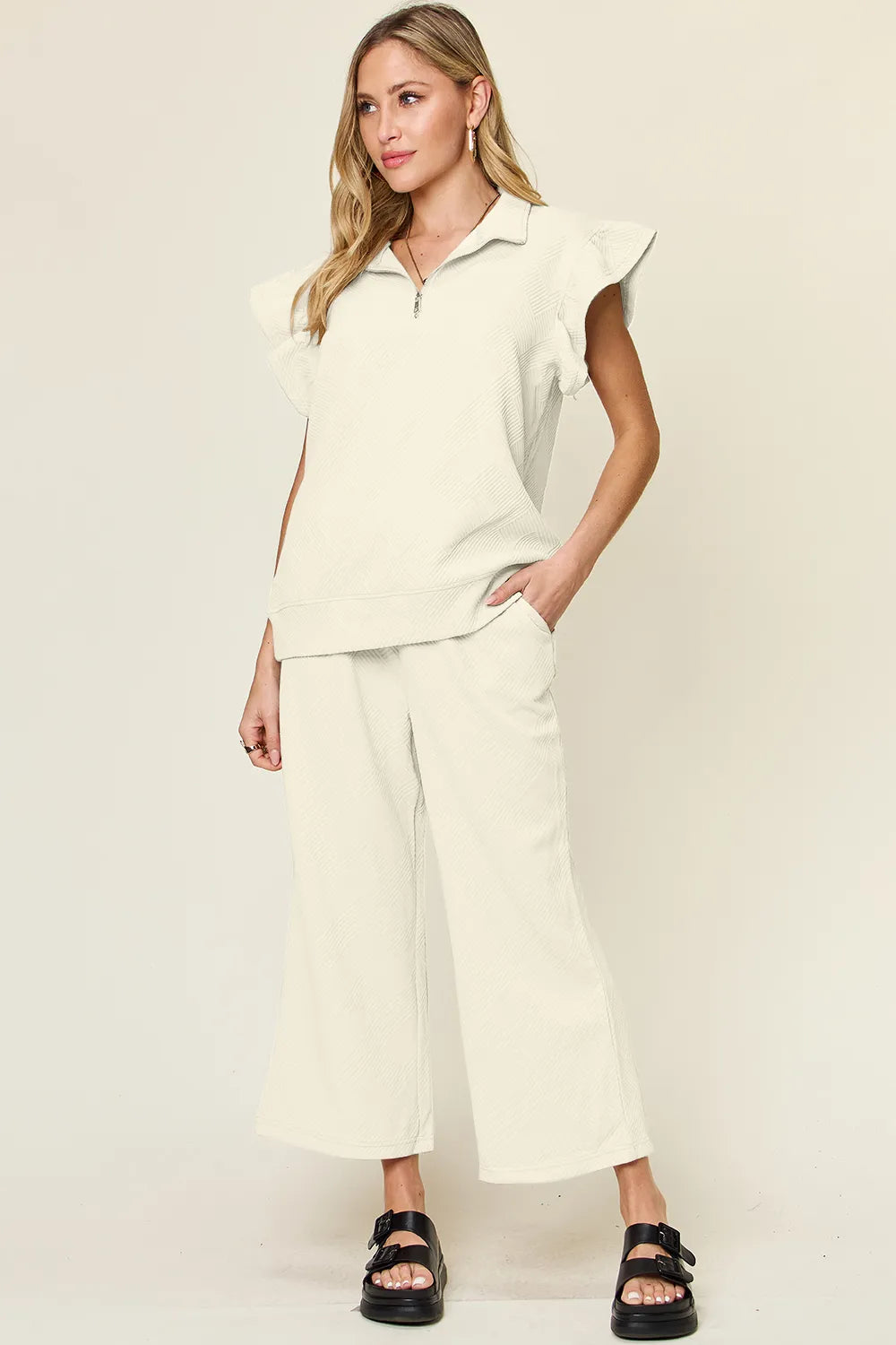 Double Take Texture Ruffle Short Sleeve Top and Drawstring Wide Leg Pants Set Cream