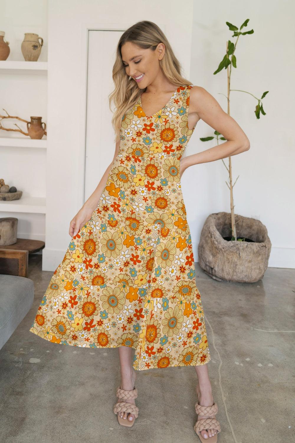 FAM-FAM Tiered Printed V-Neck Sleeveless Dress Light Yellow