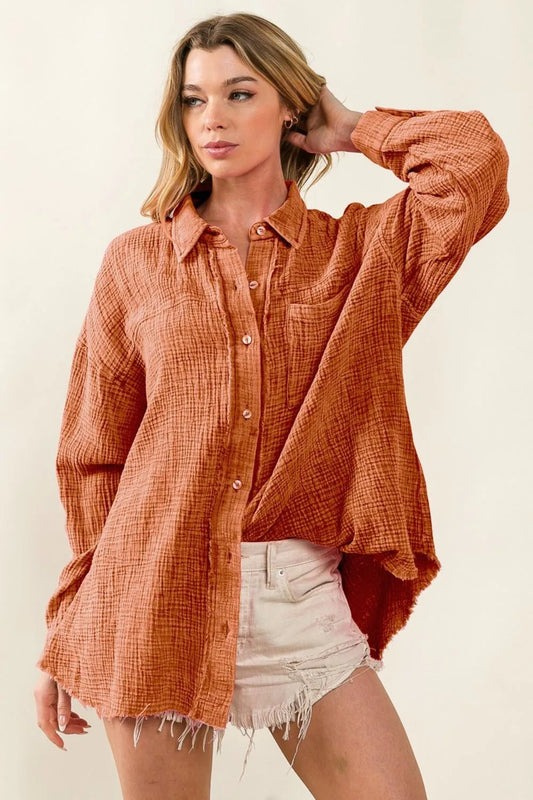 BiBi Raw Edge Detailed Mineral Washed Loose Fit Shirt VINTAGE BRICK