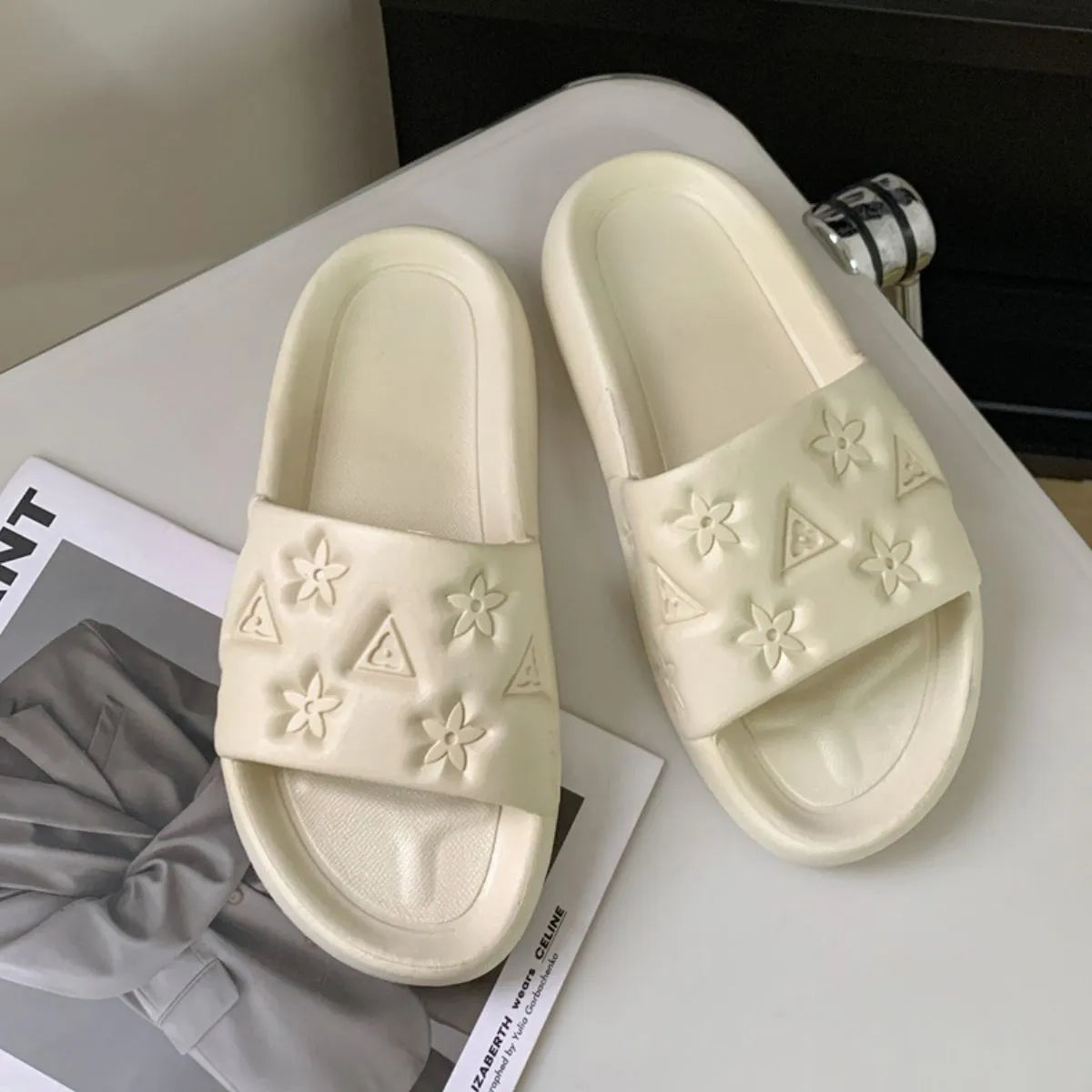 Open Toe Platform Slippers Cream