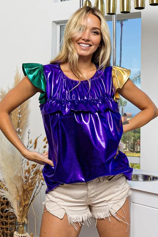 BiBi Foiled Knit Color Block Short Sleeve Ruffled Top