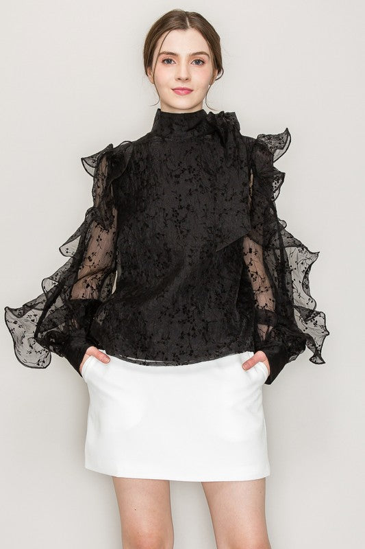 High Neck Long Sleeve Floral Print Frilled Blouse