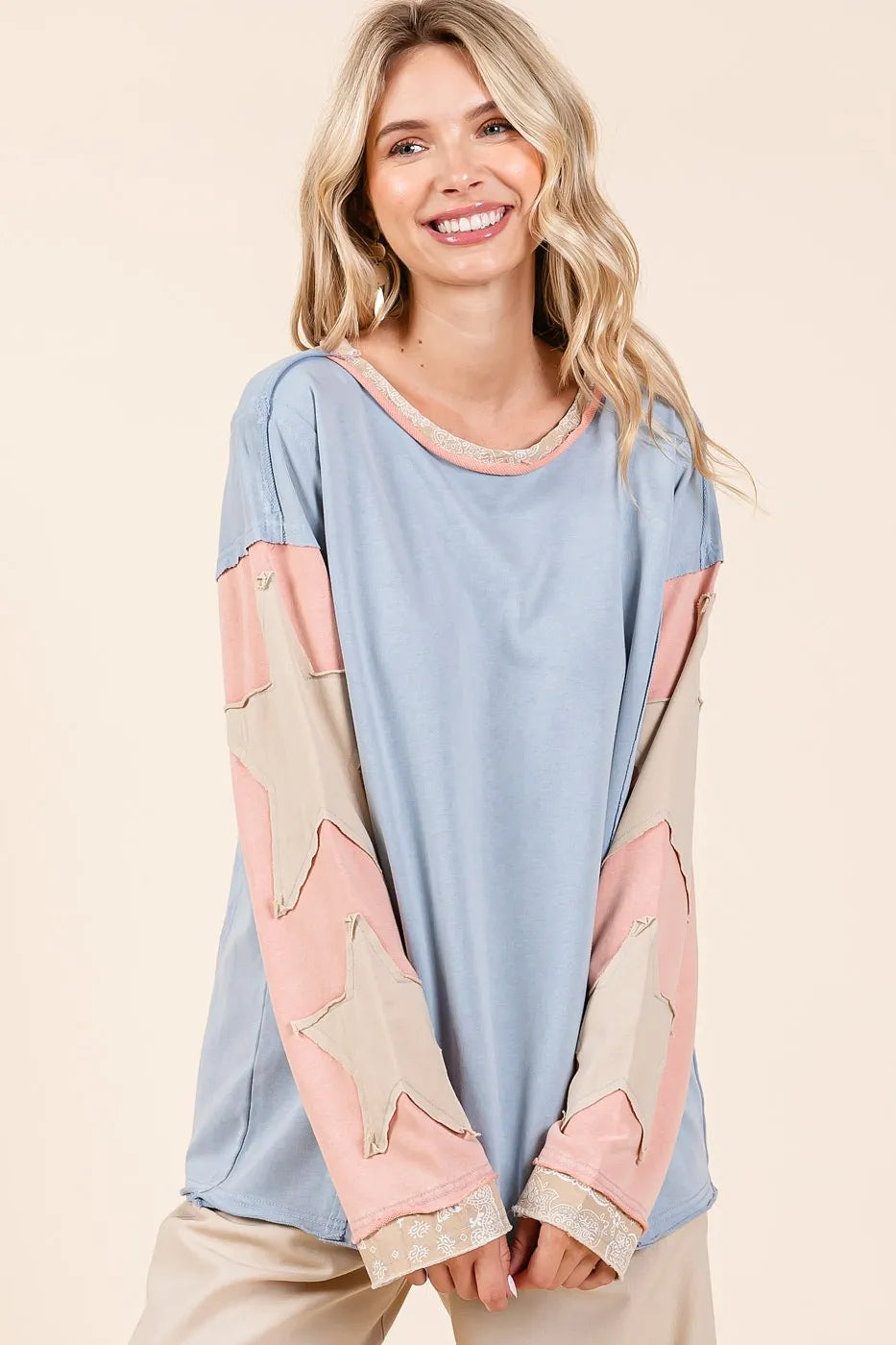 Mittoshop Star Patch Long Sleeve Colorblock Mineral Wash Top