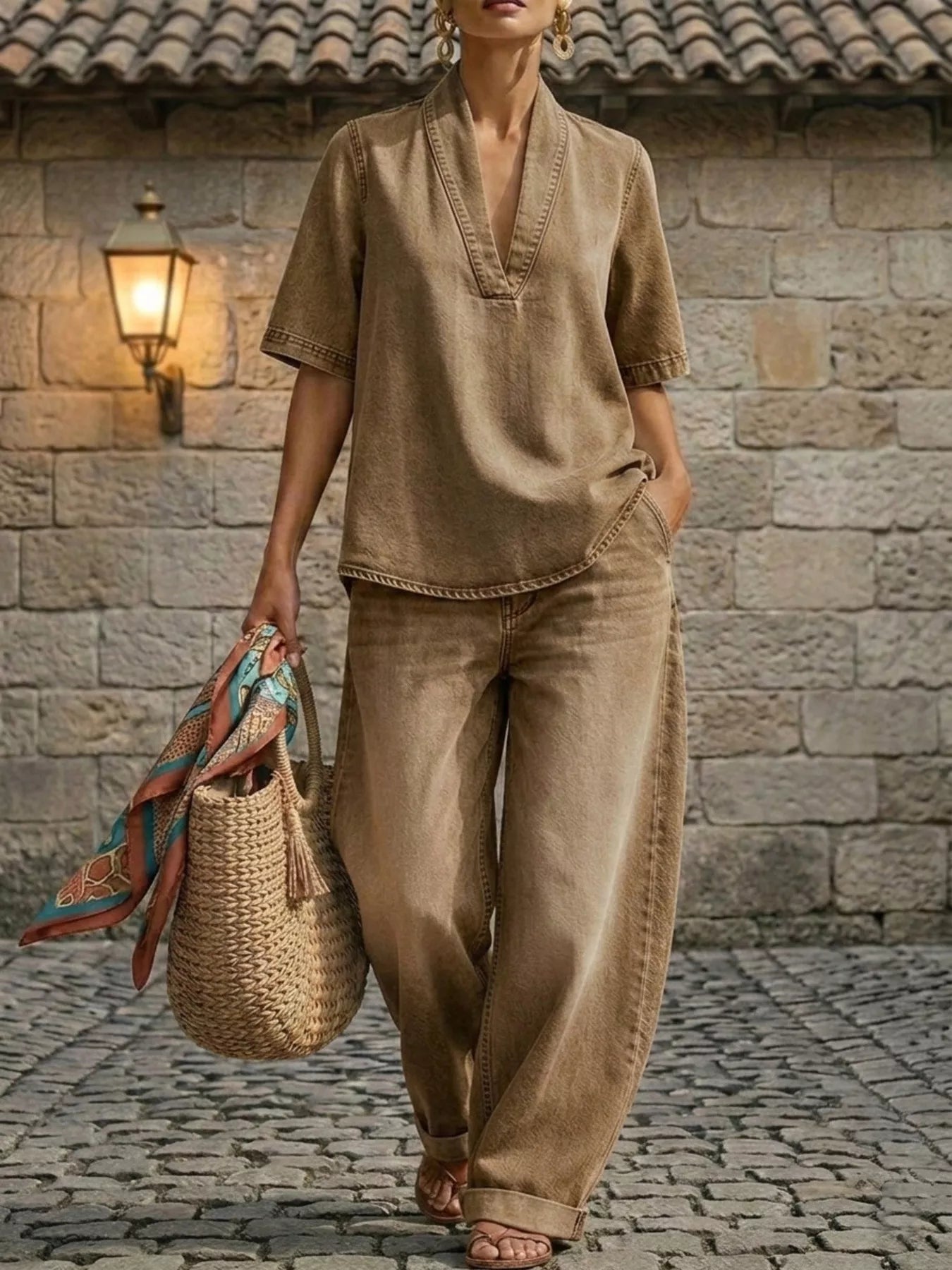 Full Size Half Sleeve Top and Wide Leg Pants Set Plus Size