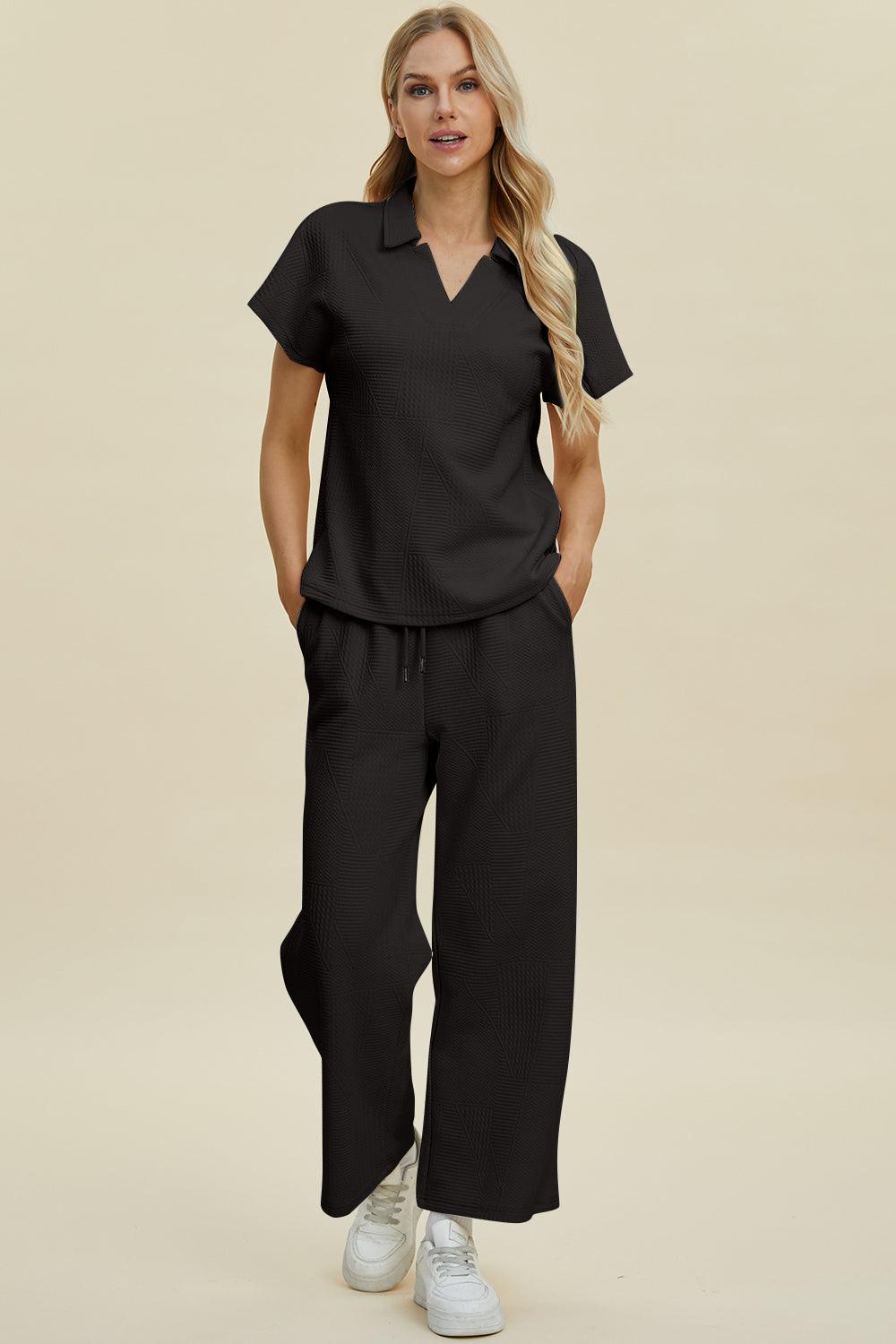 Double Take Full Size Collared Neck Short Sleeve Top and Pants Set Black