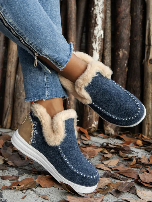 Furry Suede Round Toe Flat Sneakers Navy