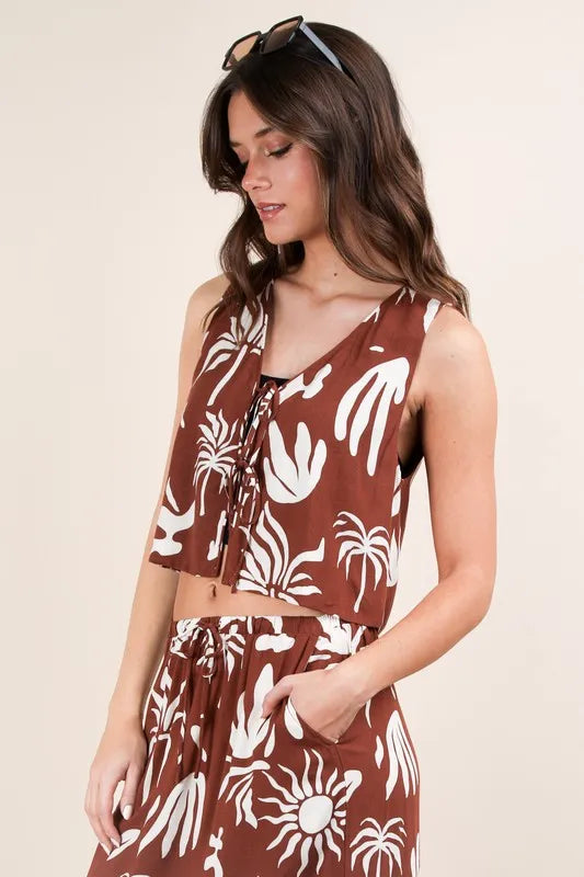 VERY J Printed Front Tie Crop Resort Top