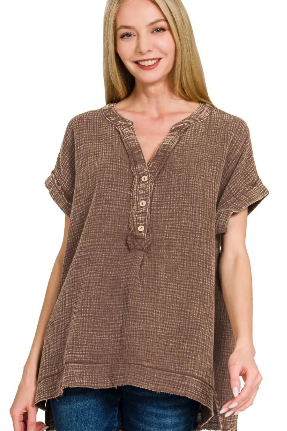 Zenana Washed Double Gauze 3/4 Button Henley Neck Shirt