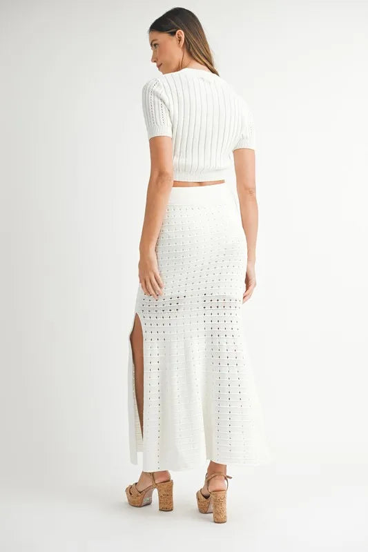 MABLE Pointelle Short Sleeve Crop Top and Slit Skirt Sweater Set