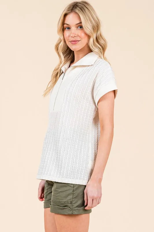 Lime 'N' Chili Textured Half Zip Cap Sleeve Contrast Top