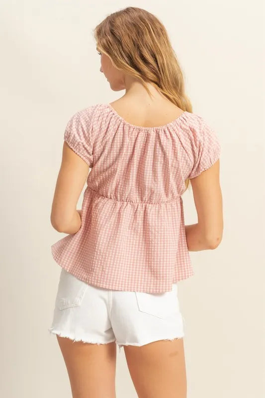 HYFVE Gingham Scoop Neck Cap Sleeve Blouse