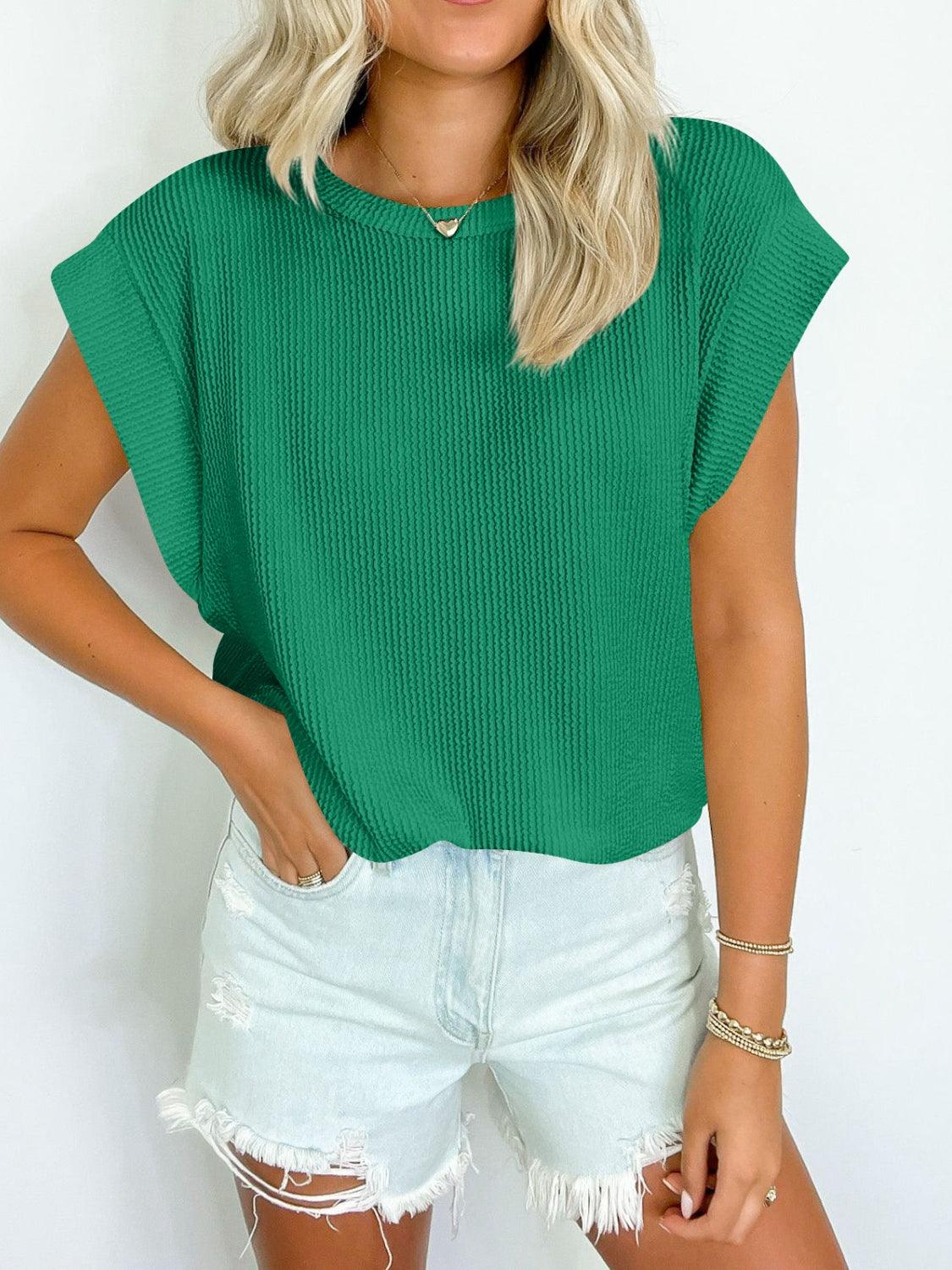 Lovelet Textured Round Neck Cap Sleeve Blouse Green