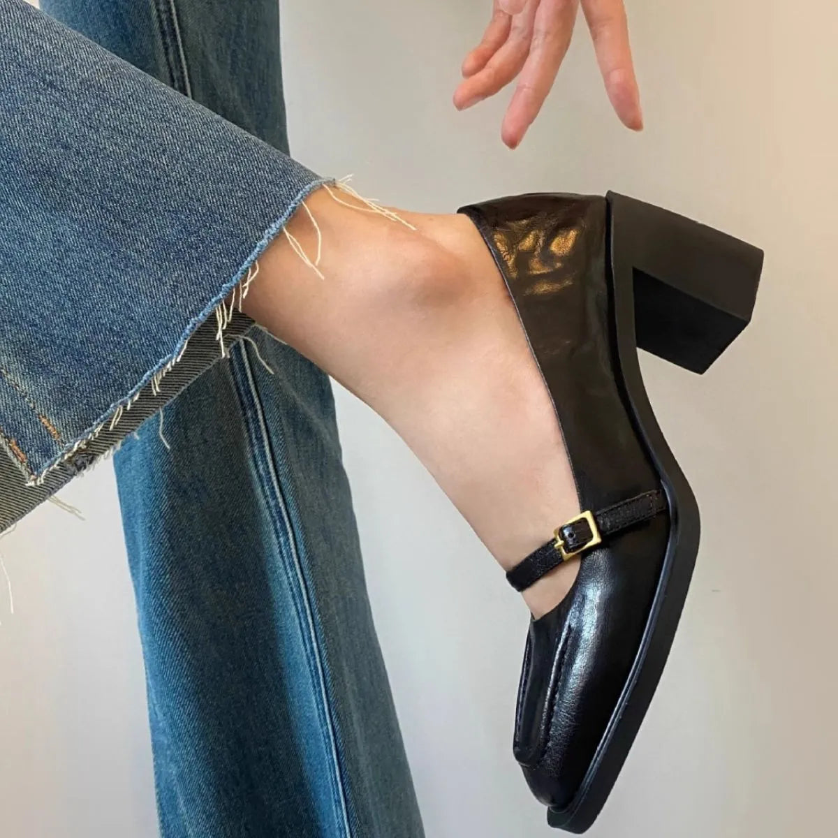 Square Toe Block Heels Pumps Black