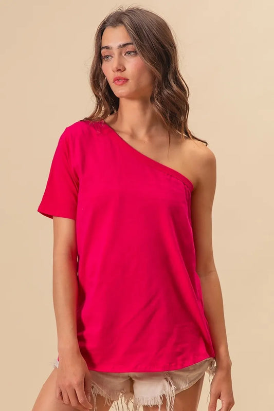 BiBi Cotton Span Knit One Shoulder Top FUCHSIA