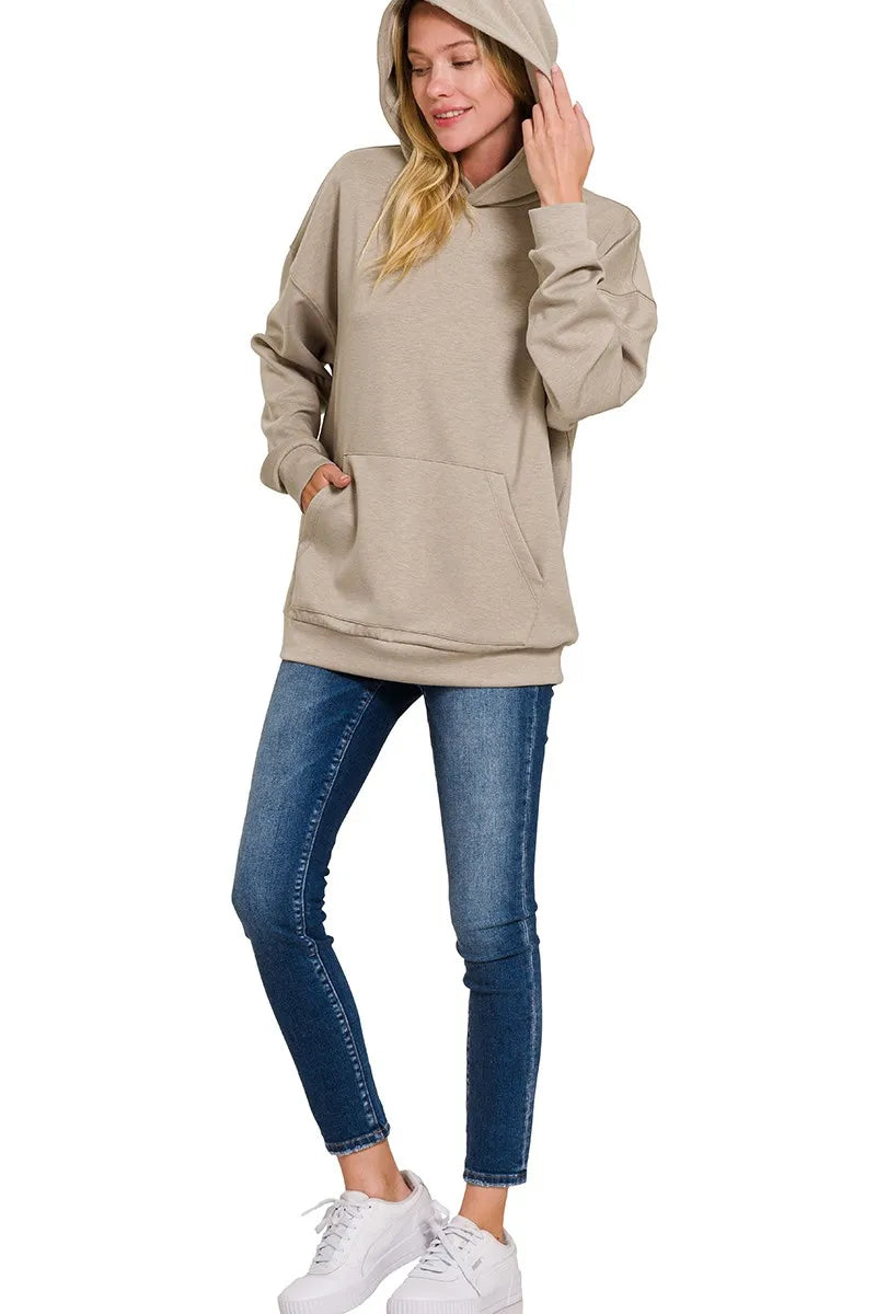 Zenana Oversized Scuba Hoodie with Kangaroo Pocket ASH MOCHA