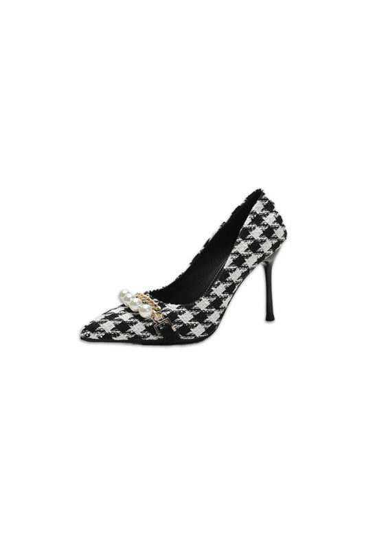 Plaid Pearl Detail Point Toe Stiletto Pumps White