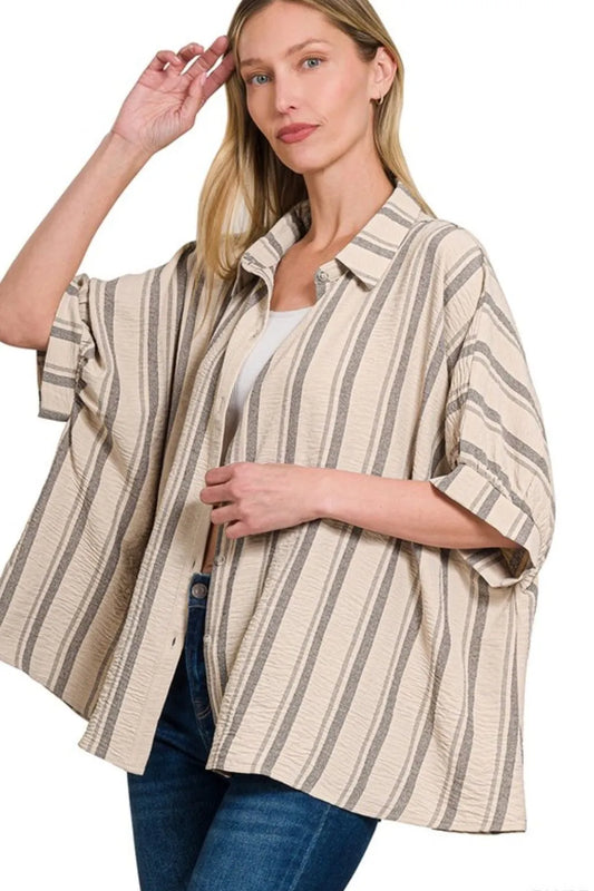Zenana Woven Yarn-Dye Stripe Oversized Button Down Shirt