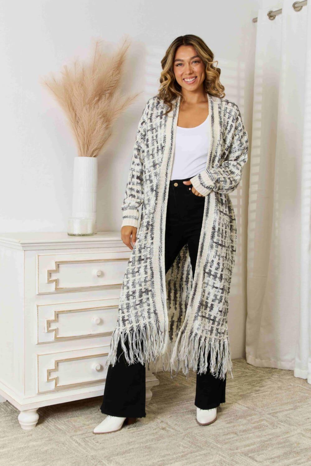 Angel Wings Full Size Multicolored Open Front Fringe Hem Cardigan Black White