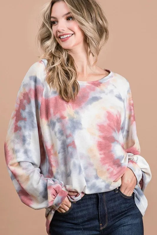 BiBi Tie Dye Print Terry Top With Puff Sleeves RUST MULTI