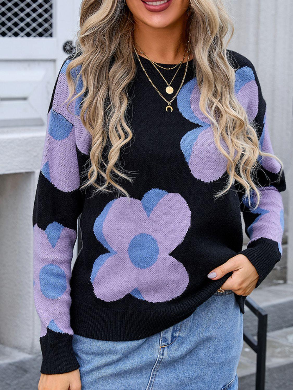 Angel Wings Flower Round Neck Long Sleeve Sweater Black